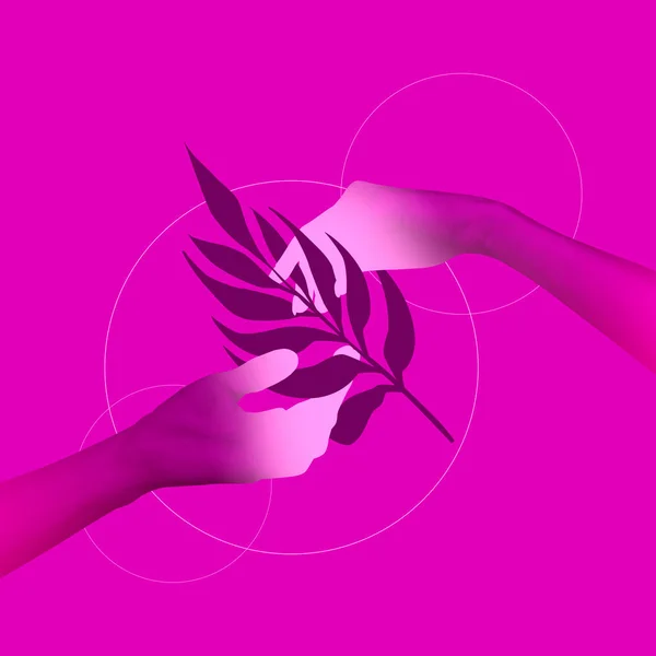 Aesthetics. Tender human hands and plants over magenta background. Contemporary art collage. Modern design work in neon trendy colors. Stylish and fashionable composition. Copyspace.