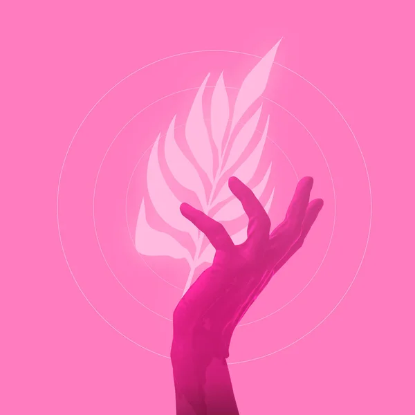 Aesthetics. Tender human hands and plants over magenta background. Contemporary art collage. Modern design work in neon trendy colors. Stylish and fashionable composition. Copyspace.
