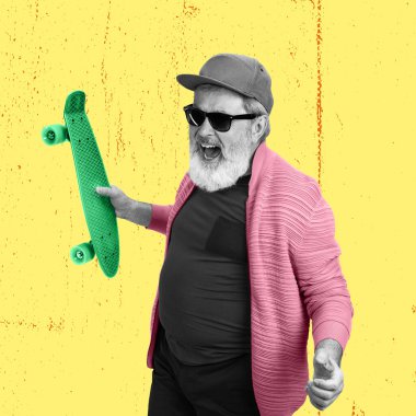 Hobbies. Stylish emotional senior man over yellow background. Collage in magazine style. Surrealism, art, creativity, fashion and retro style concept. Old men like young people in modern life