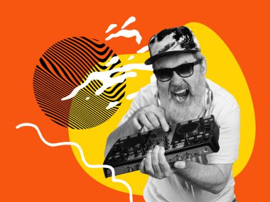 DJ 'lik. Parlak sarı arka planda duygusal kıdemli bir adam. Magazin tarzı kolaj. Sürrealizm, sanat, yaratıcılık, moda ve retro stil kavramı. Yaşlılar modern yaşamda gençleri severler.