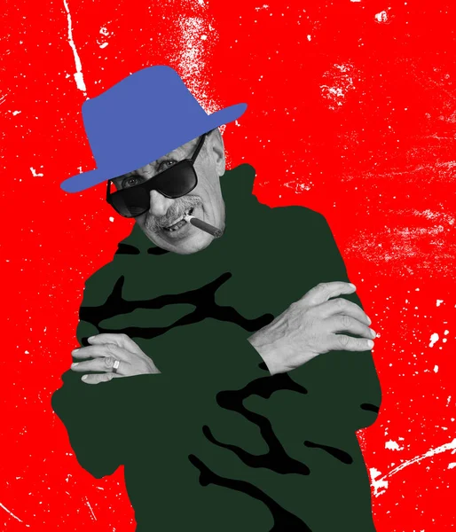 On style. Stylish emotional senior man over bright red background. Collage in magazine style. Surrealism, art, creativity, fashion and retro style concept. Old men like young people in modern life