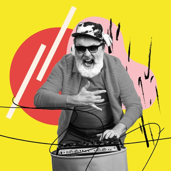 Cool dj. Stylish emotional senior man over bright yellow background. Collage in magazine style. Surrealism, art, creativity, fashion and retro style concept. Old men like young people in modern life