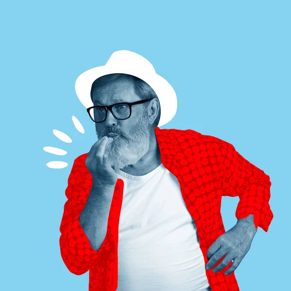 Ladies man. Stylish emotional senior man over bright background. Collage in magazine style. Surrealism, art, creativity, fashion and retro style concept. Old men like young people in modern life