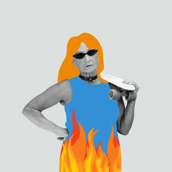 Sport Life Extravagant Senior Woman Colorful Background Contemporary Art Collage — Φωτογραφία Αρχείου