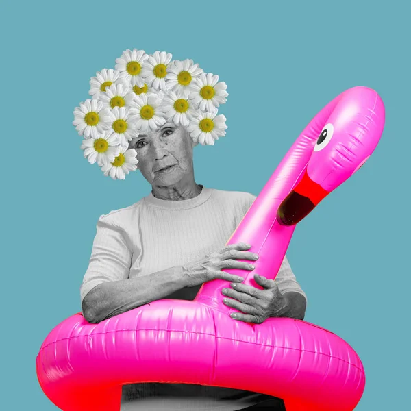 Vacation Extravagant Senior Woman Colorful Background Contemporary Art Collage Surrealism — kuvapankkivalokuva