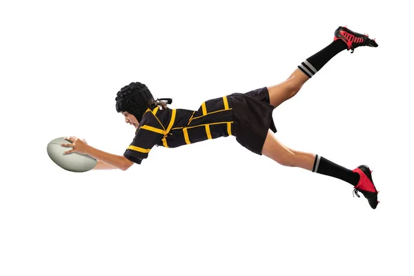 Catching Ball Jump One Sportive Boy Kid Male Rugby Player — Stockfoto