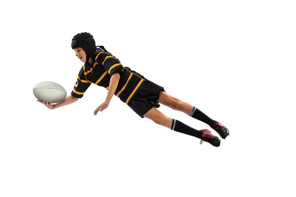 Catching Ball Jump One Sportive Boy Kid Male Rugby Player — Stockfoto