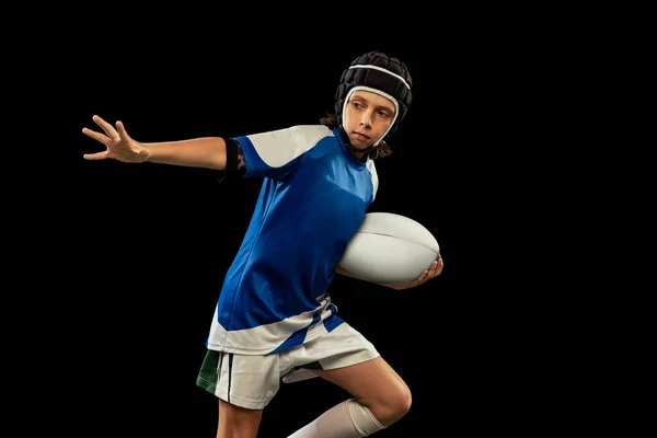 Dynamic Portrait School Age Boy Junior Male Rugby Player Practicing — Stockfoto