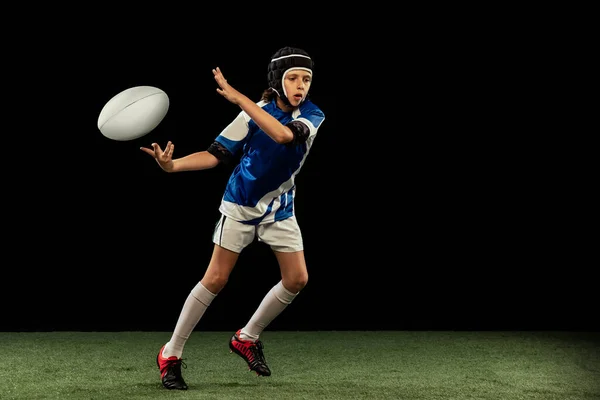 Catch Ball Dynamic Portrait School Age Boy Junior Male Rugby — Fotografia de Stock