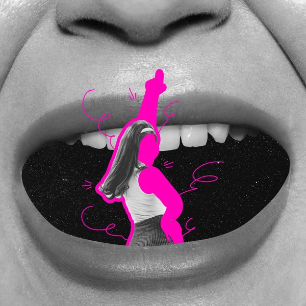 Disco Surreal Artwotk Young Face Woman Open Mouth Contemporary Art — Fotografia de Stock