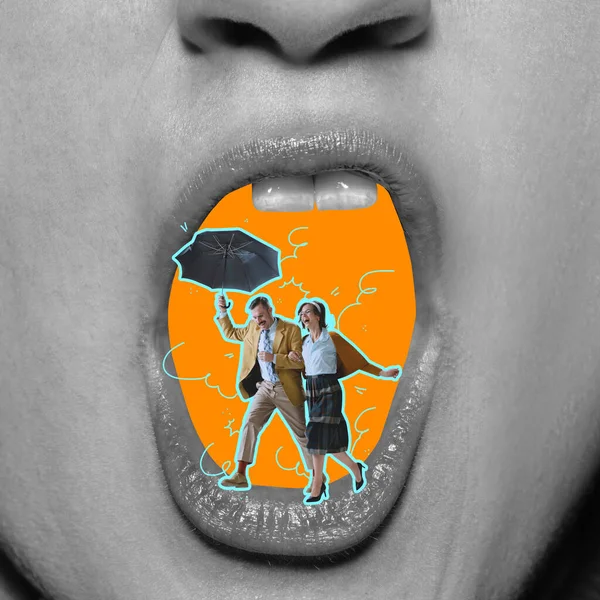Rumors, gossip. Contemporary art collage. Surreal composition with walking couple inside human open mouth. Concept of pressure, control, disinformation, mass media. Surrealism