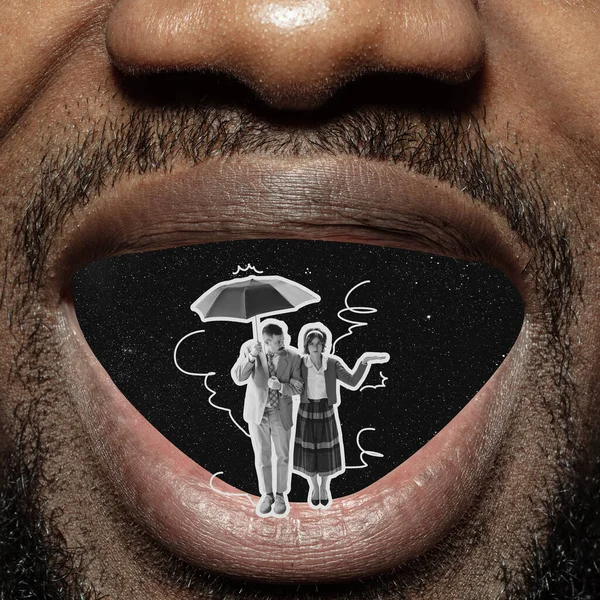 Rumors Gossip Contemporary Art Collage Surreal Composition Walking Couple Human —  Fotos de Stock