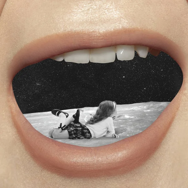 Parental control for kids dreams. Contemporary art collage. Dreaming little girl lying on moon surface on dark starry background inside female open mouth. Creativity. Concept of imagination