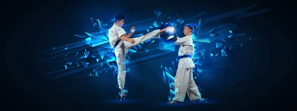 Flyer Fight Two Karatedo Fighters Kimono Training Dark Background Neon — Stock Photo, Image