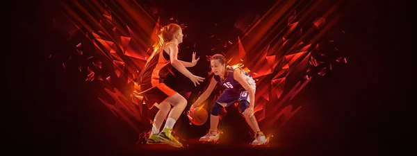 Dribbling Creative Artwork Two Young Female Basketball Players Playing Basketball — Fotografia de Stock