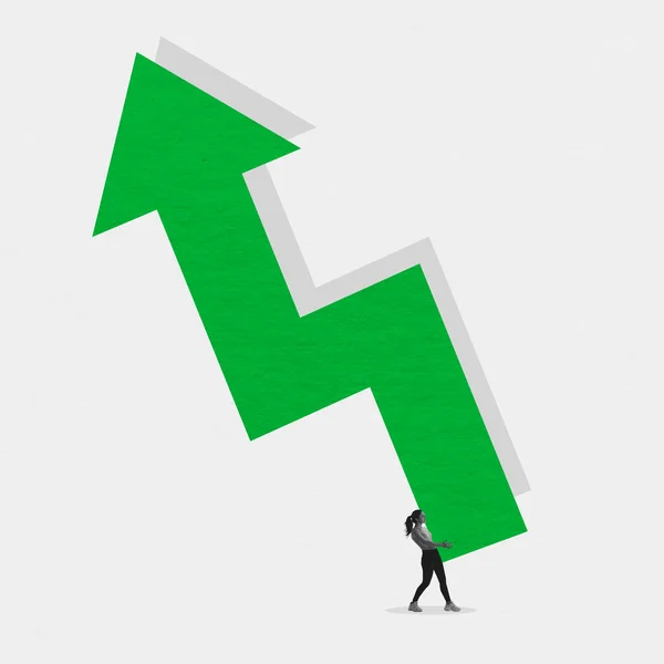 Global Economic Downfall Young Woman Carries Huge Green Arrow Indicator — Stock fotografie