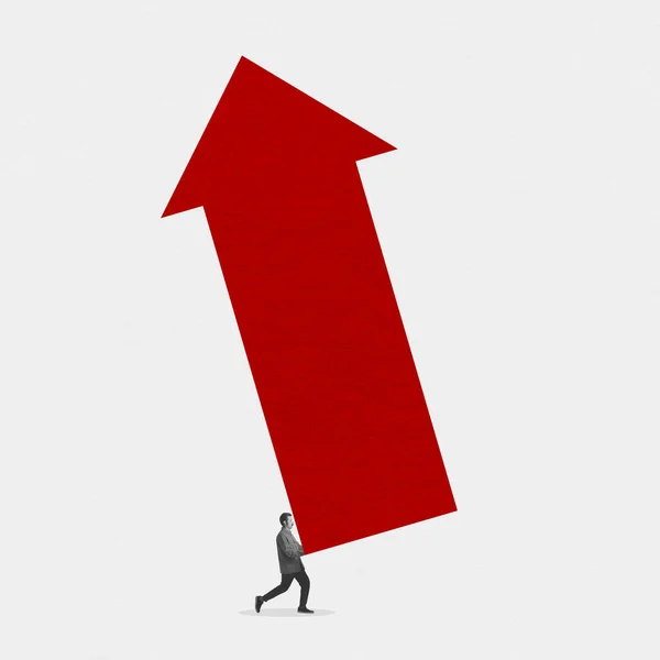 World Economic Crisis Young Man Holding Huge Red Arrow Indicator — Foto de Stock