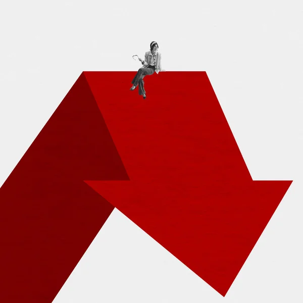 Chart Graphs Contemporary Art Collage Woman Sitting Edge Giant Red — Foto de Stock