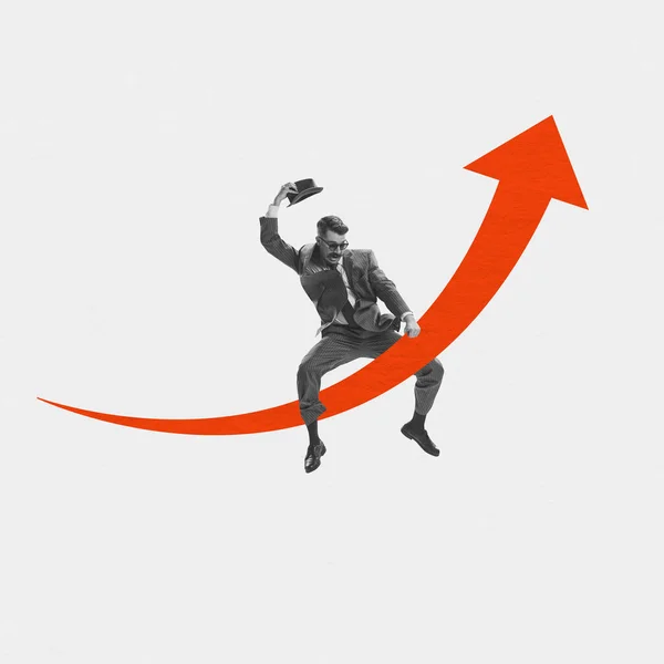 Excited businessman flying on drawn ornage arrow isolated over white background. Concept of business, psychology of success, finance, achievements and retro style.