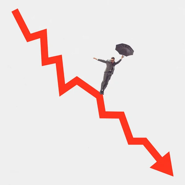 Psychology Bankruptcy Poverty Young Man Huge Red Arrow Indicator Fall — Stockfoto