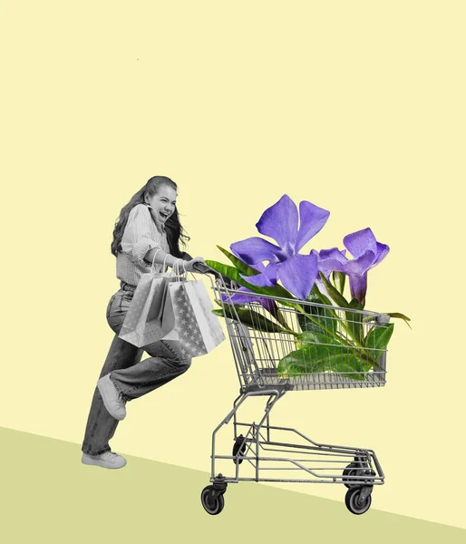 Funny Shopping Contemporary Art Collage Girl Shop Cart Filled Flowers — Stockfoto