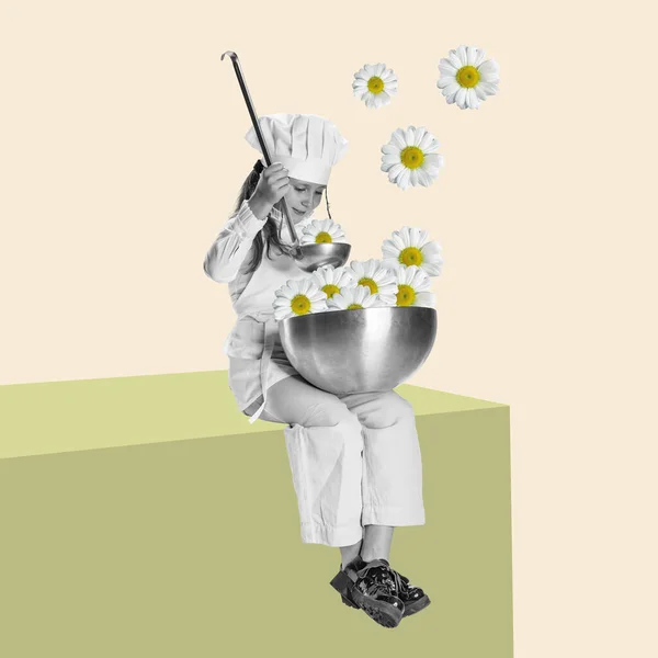 Little Girl Cook Preparing Flower Dish Contemporary Art Collage Concept — 스톡 사진