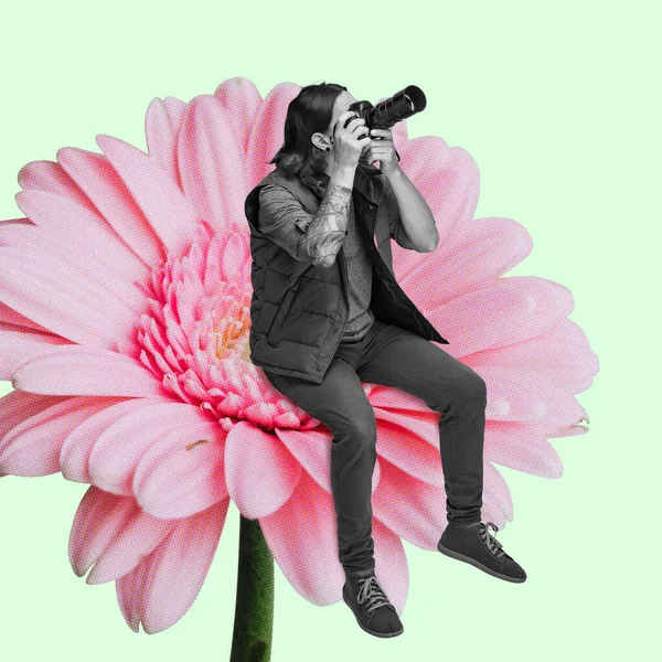 Fashion Photographer Sitting Huge Pink Flower Contemporary Art Collage Concept — Stock Fotó