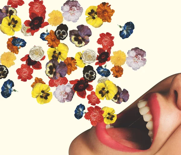 Fresh Breath Contemporary Art Collage Open Female Mouth Flying Flowers — ストック写真