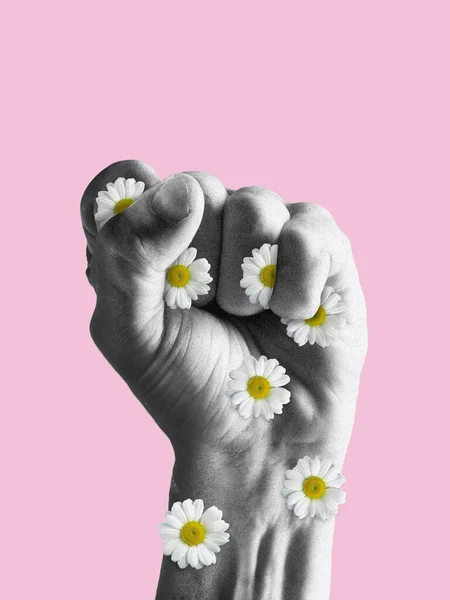 Людський Кулак Повний Квітів Припинити Війну Насильство Сучасний Дизайн Колаж — стокове фото