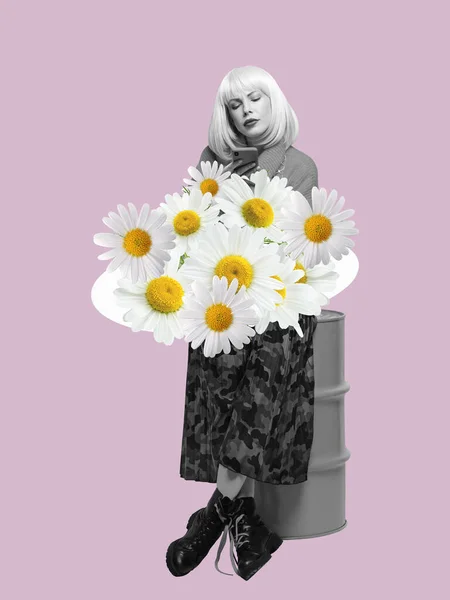 Young Woman Bouquet Daisies Contemporary Art Collage Concept Vintage Retro — Zdjęcie stockowe