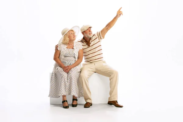 Emotional Senior Man Woman Her 60S Vintage Attire Sitting Together — 스톡 사진