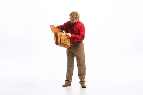 Surprise Briefcase Young Man Dressed 50S 60S Fashion Style Outfit — Stock Fotó