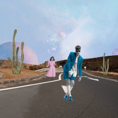 Contemporary collage. Surreal art design with stylish young man enjoying time over futuristic natural landscape background. Concept of creativity, gen z lifestyle, new vision. Poster, ad
