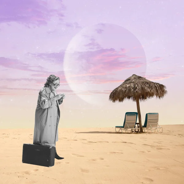 Strange Exotic Vacation Woman Coat Desert Sands Contemporary Art Collage — стоковое фото