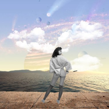 Sunset. Contemporary art collage. Colorful design with stylish weird girl, gen z standing near sea. Concept of surrealism, retro style, imagination, vacation. Poster, ad