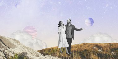 Young couple, man and woman strolling outdoors. Dreams and reality. Contemporary art collage. Inspiration, idea, trendy urban magazine style, fashion and creativity. Surrealism. Relationship