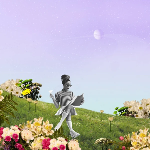 Young Woman Sitting Meadow Reading Magazine Contemporary Art Collage Inspiration — Fotografia de Stock