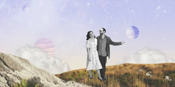 Young Couple Man Woman Strolling Outdoors Dreams Reality Contemporary Art Stock Picture