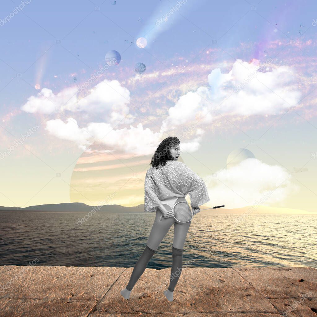 Sunset. Contemporary art collage. Colorful design with stylish weird girl, gen z standing near sea. Concept of surrealism, retro style, imagination, vacation. Poster, ad