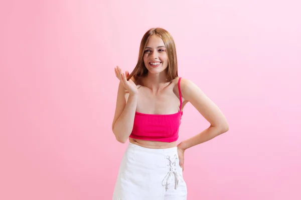 Laughing Portrait Young Charming Girl Student Posing Isolated Pink Background — Fotografia de Stock