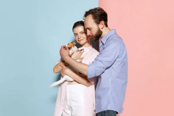 Hugs Young Couple Love Cute Puppy Posing Isolated Blue Pink — Photo