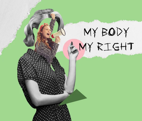 Woman shouting My body my right. Protest against tightening of the abortion law, female rights, right to choice, health and freedom. Contemporary art collage. Surrealism