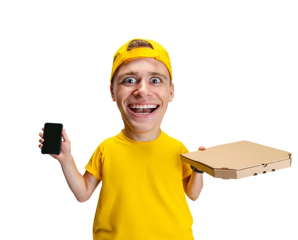 Thrilled Delivery Man Funny Man Caricature Face Isolated White Background — Foto Stock
