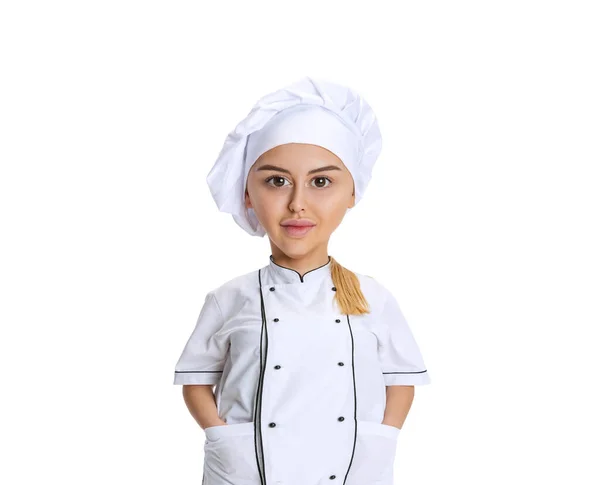 Serious Chief Cook Funny Woman Caricature Face Isolated White Background — стоковое фото