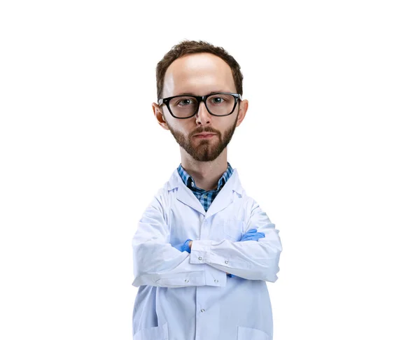 Serious Scientist Funny Man Caricature Face Isolated White Background Cartoon — Stock fotografie