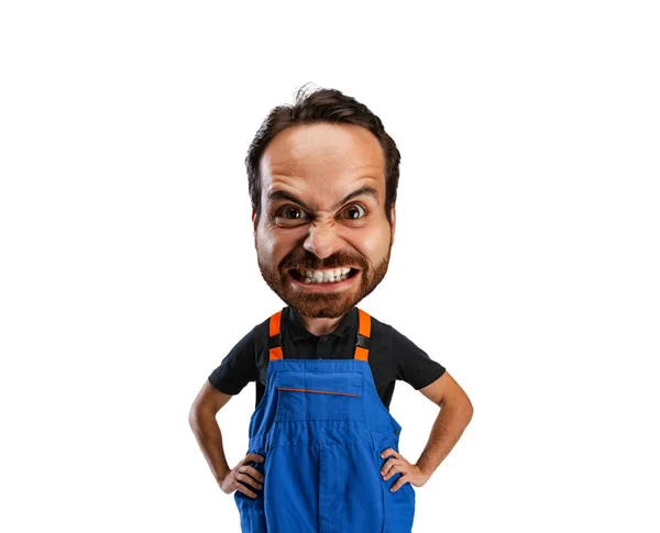 Angry Auto Mechanic Funny Man Caricature Face Isolated White Background — kuvapankkivalokuva