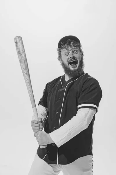 Μονοχρωμία Ενθουσιασμένος Παίκτης Του Μπέιζμπολ Φορώντας Ρετρό Αθλητική Στολή Και — Φωτογραφία Αρχείου