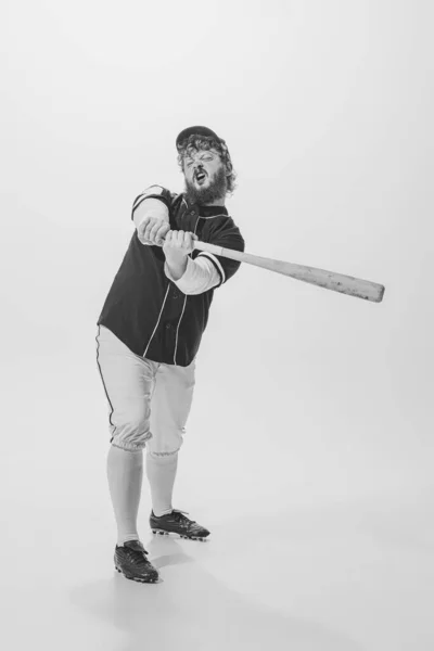 Practice Batting Male Baseball Player Wearing Retro Sports Uniform Holding — Stockfoto