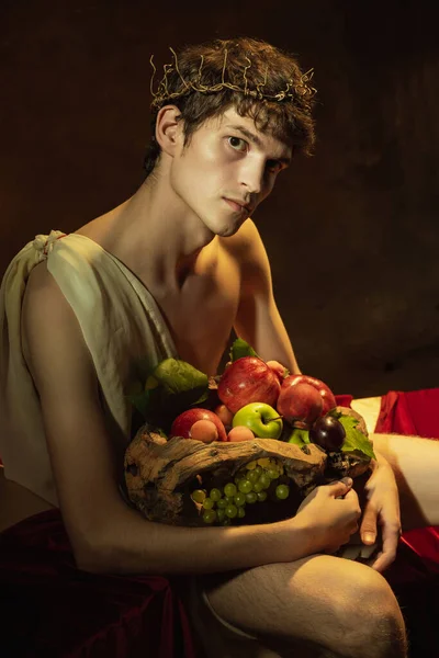 Creative Remake Painting Boy Basket Fruit Young Handsome Man Dark — Fotografia de Stock