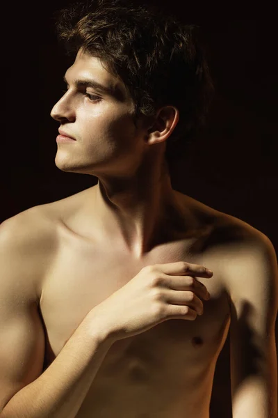 Greek Profile Closeup Portrait Young Handsome Shirtless Man Isolated Dark — Zdjęcie stockowe